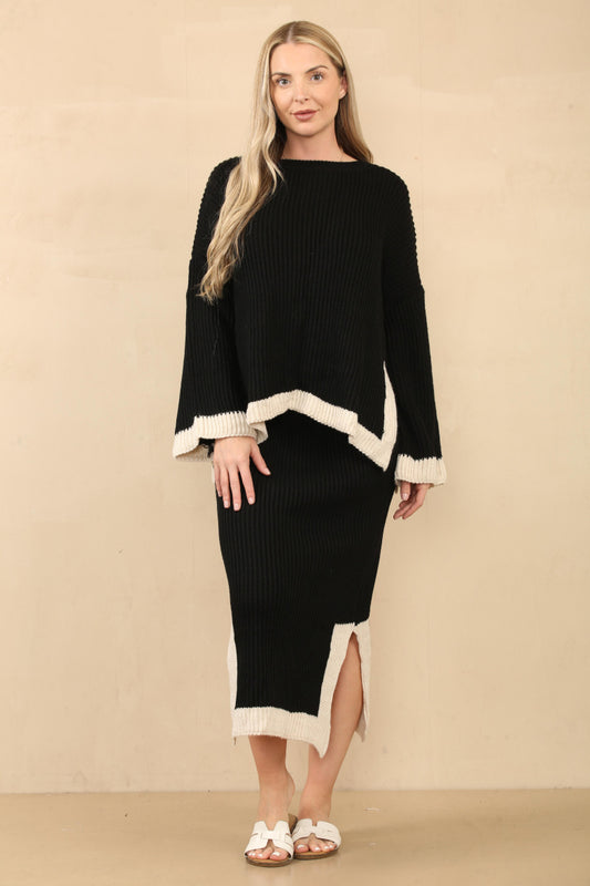 Ensemble jupe robe midi noir en tricot élégante avec ourlet a bordure blanche